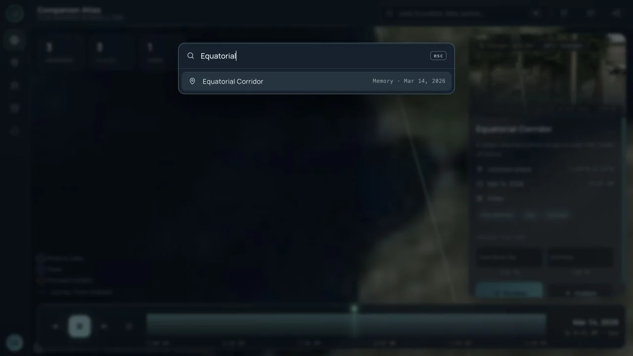 Companion Atlas desktop search palette showing an Equatorial Corridor result