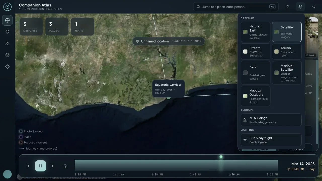 Companion Atlas desktop Map layers popover with basemaps, disabled 3D buildings, and lighting