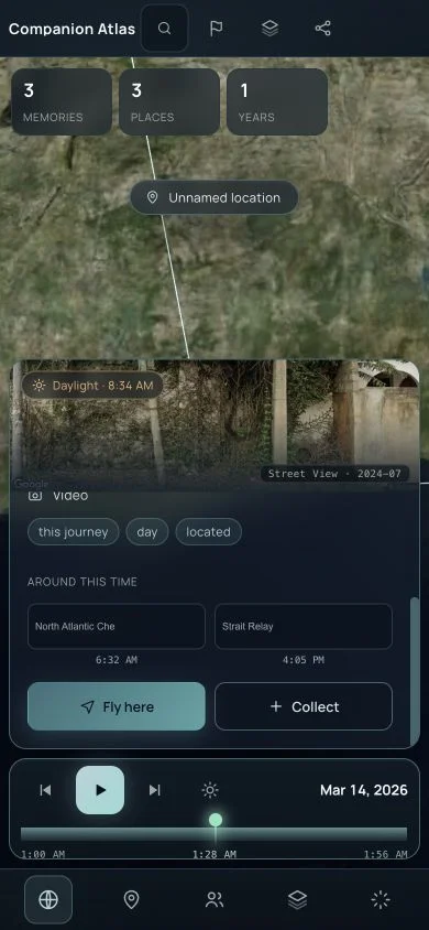 Companion Atlas mobile inspector scrolled to the Fly here and Collect actions
