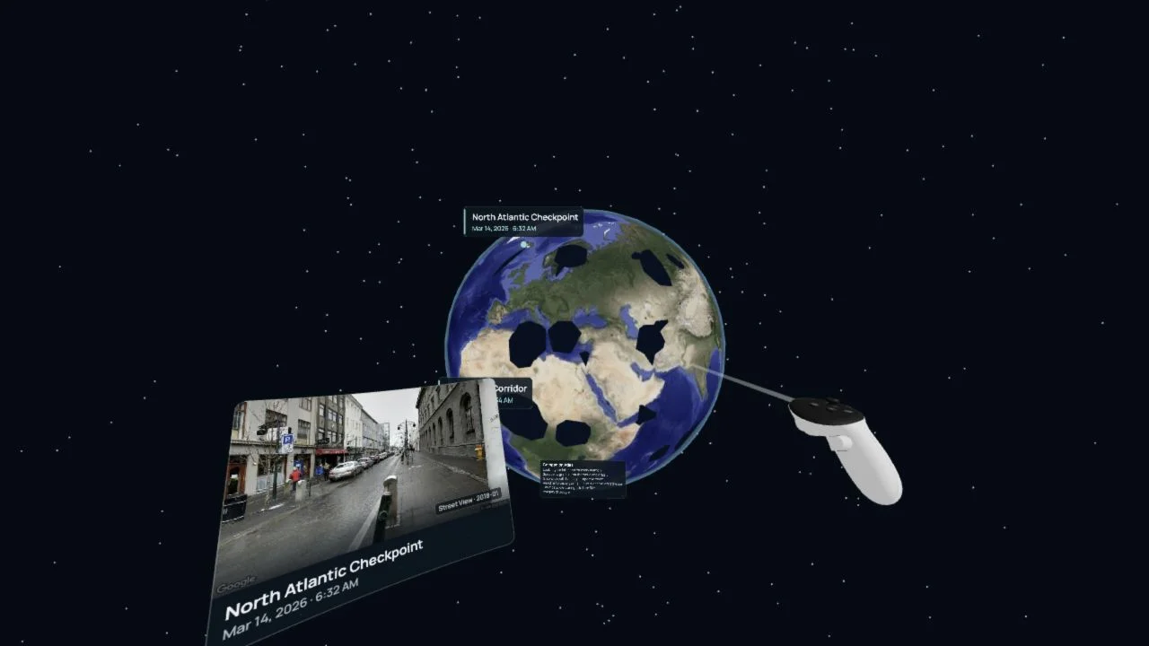 Companion Atlas WebXR emulator showing a Quest-style controller beside the globe