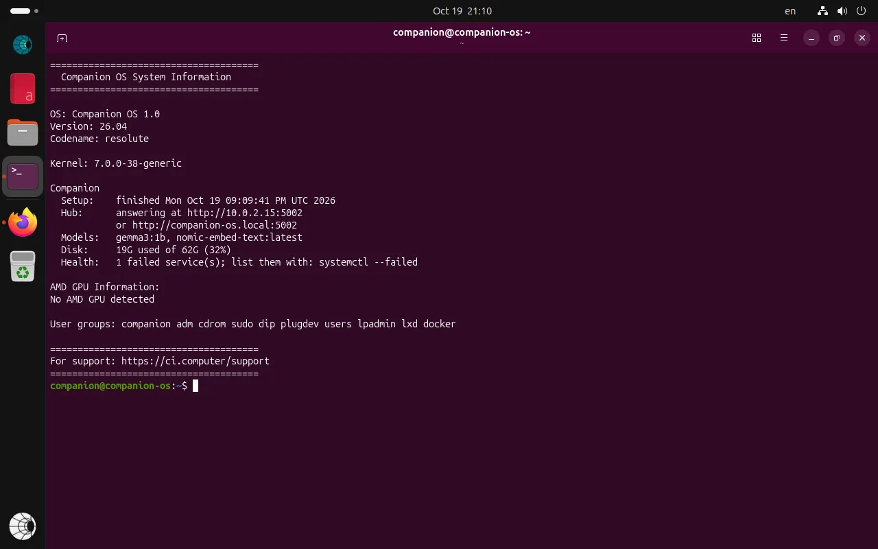 A terminal showing the output of ci-os-info: Companion OS 1.0, the setup finished with a time, Companion Hub answering at the machine's address on port 5002, two models, the disk usage, and one failed service.