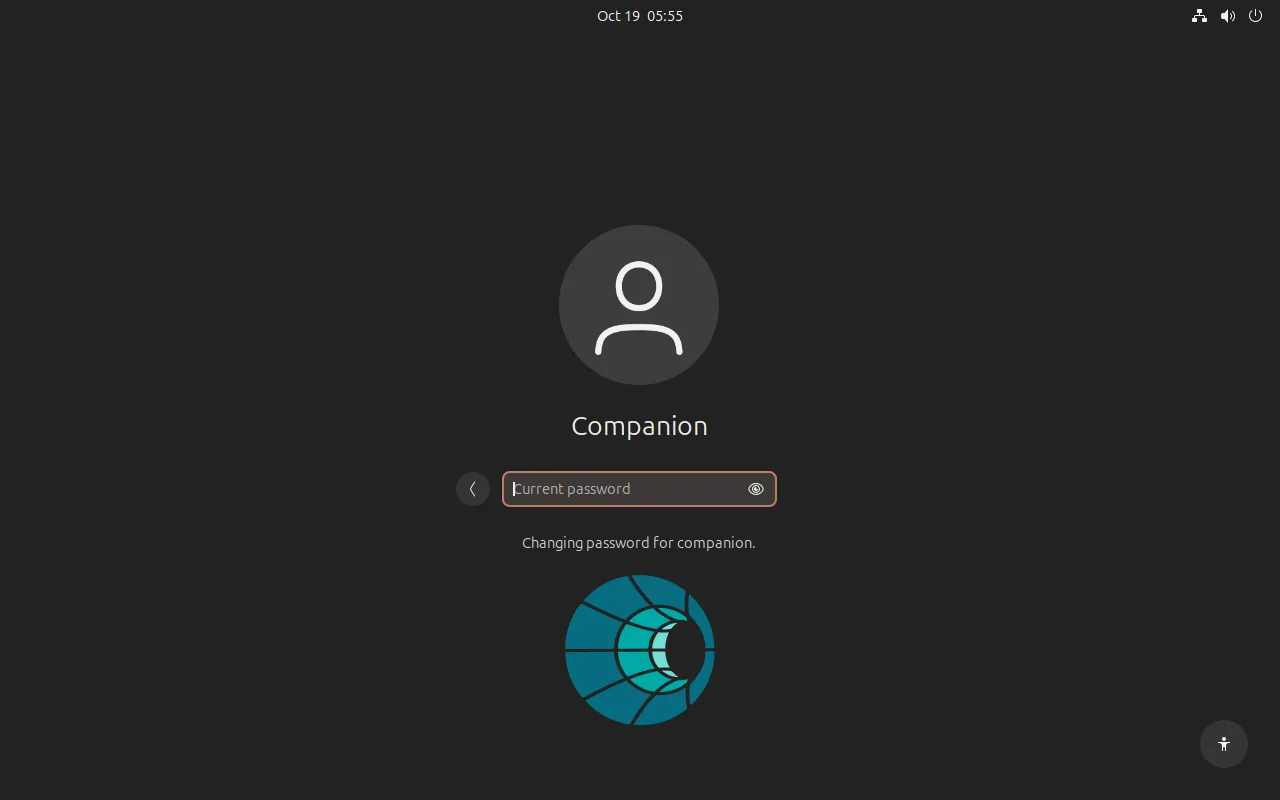 The sign-in screen asking for the current password, with the line Changing password for companion.