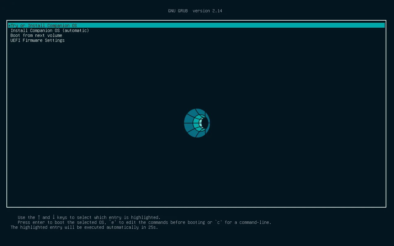 The Companion OS boot menu on a dark teal background with the Companion mark. Four entries are listed and the first, Try or Install Companion OS, is highlighted.