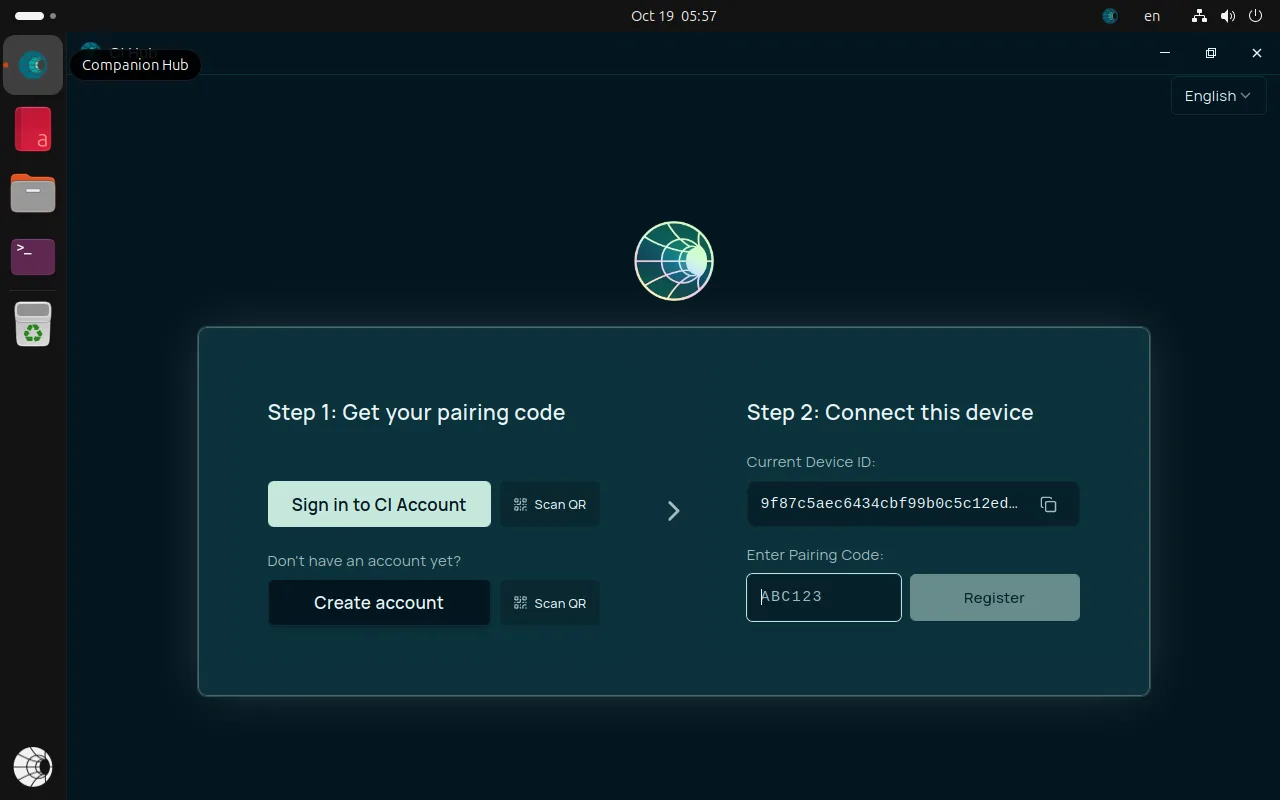 Companion Hub on its first screen: Step 1, get your pairing code, with Sign in to CI Account and Create account buttons. Step 2, connect this device, with the current device ID and a field for the pairing code.