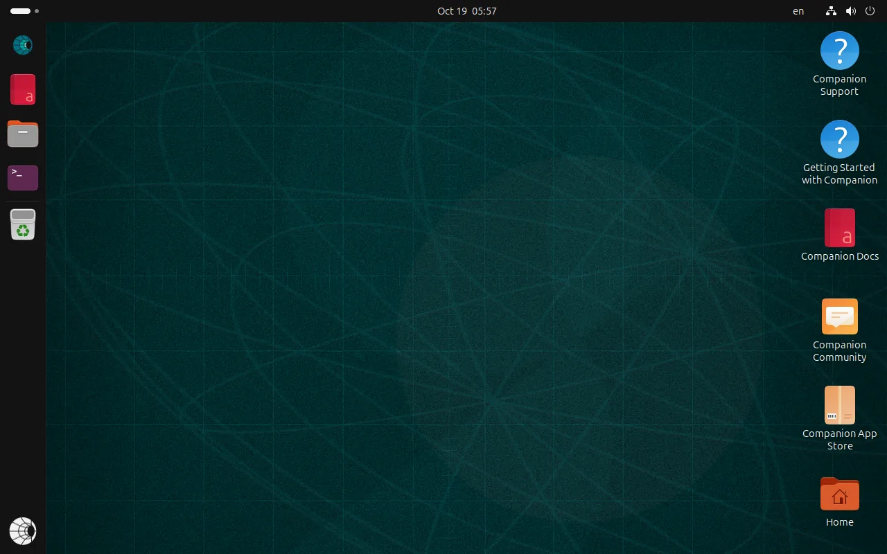 The installed Companion OS desktop: a dock with Companion Hub, Docs, Files, and Terminal, and the five Companion shortcuts.