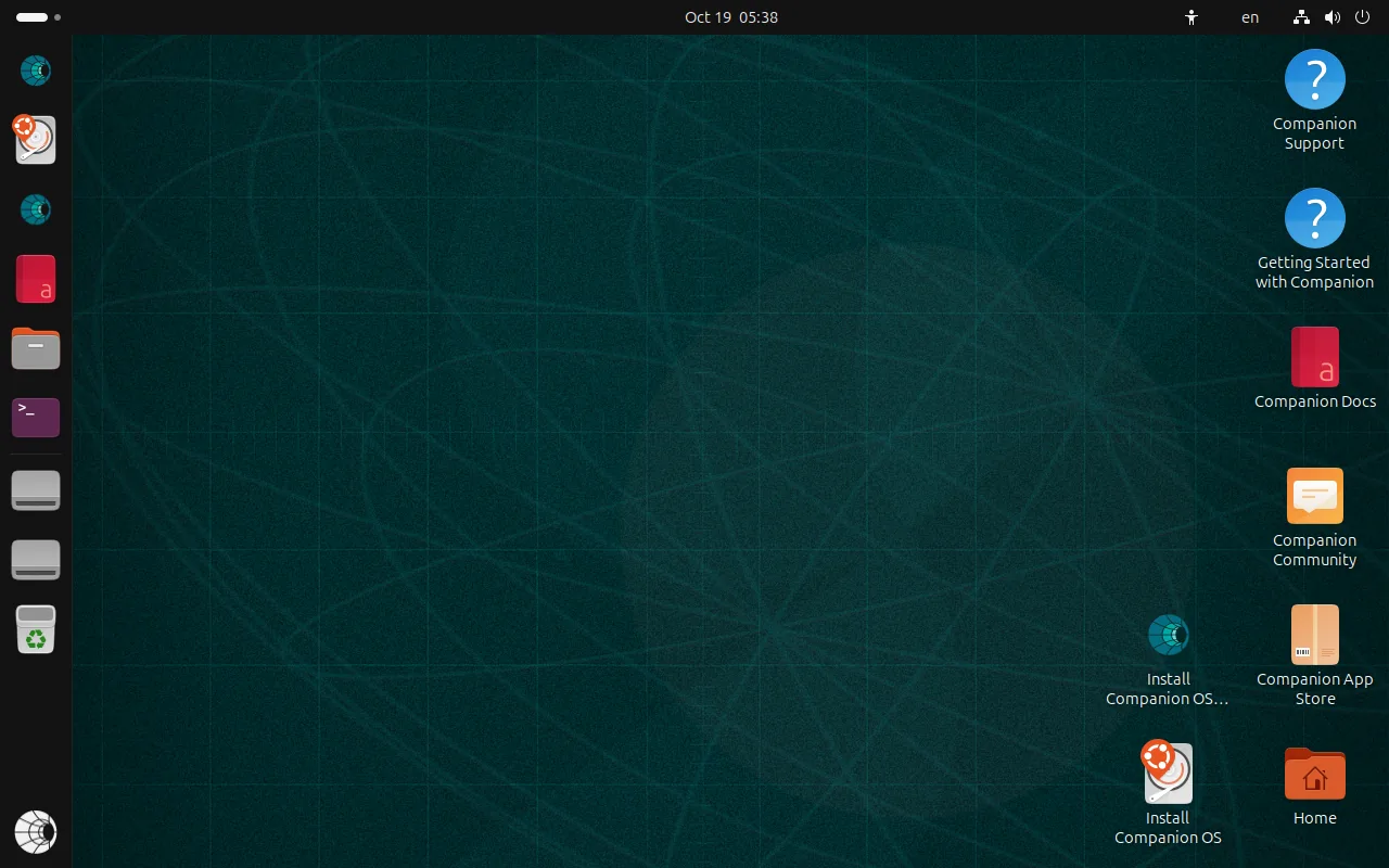 The Companion OS live desktop: the dock on the left with the installer, Companion Hub, Docs, Files, and Terminal, five Companion shortcuts and two Install Companion OS launchers on the right, on the teal Companion wallpaper.