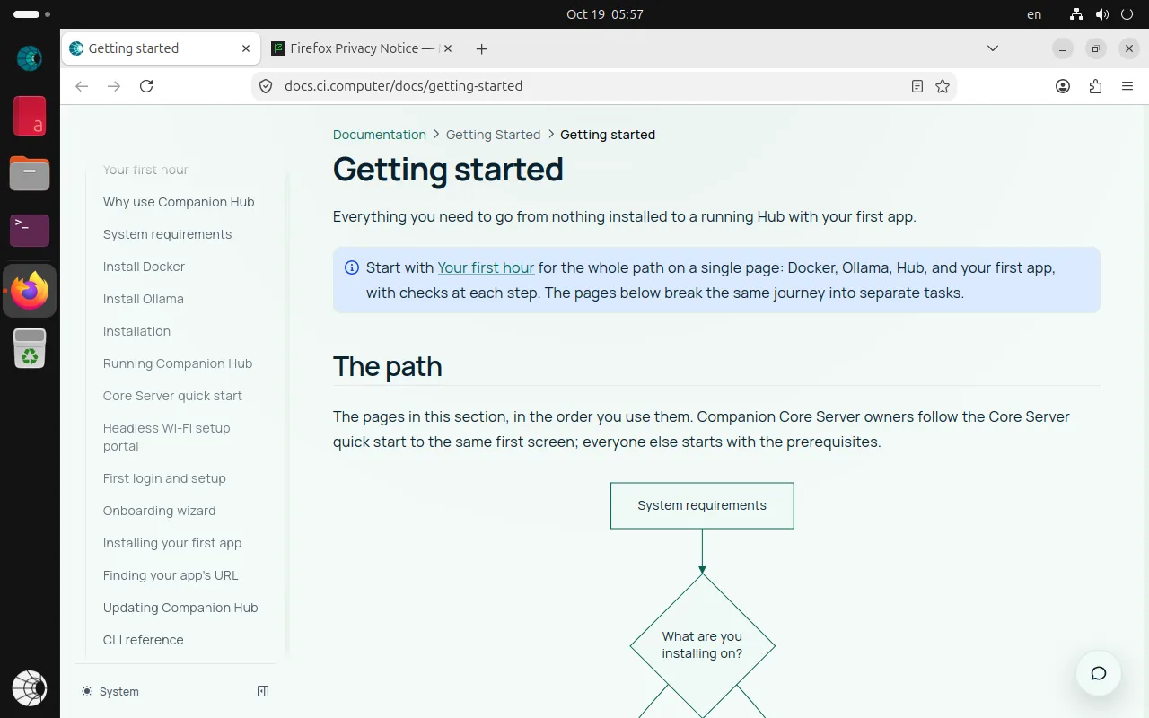 Firefox showing the Getting started page of the Companion docs, opened by Companion OS on the first sign-in.