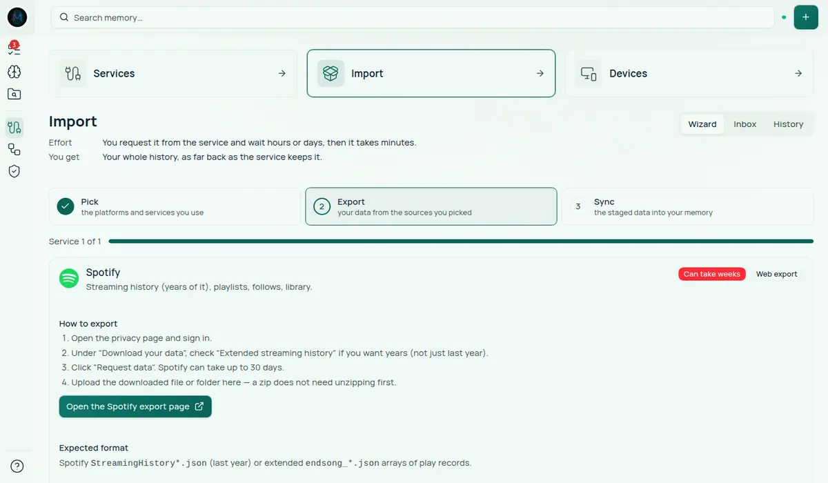 The Export step of the import wizard for Spotify. Pick, Export and Sync run across the top, with Export highlighted. The Spotify card has Can take weeks and Web export badges, four numbered export steps, an Open the Spotify export page button and the file format it expects.