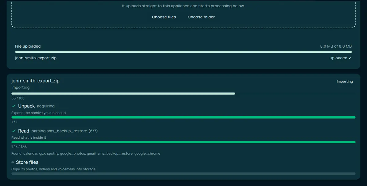 An import in progress in the wizard. The uploaded file is listed as uploaded, and below it the import's progress card shows Unpack and Read finished, with the sources Read found listed under it, and Store files waiting to start.