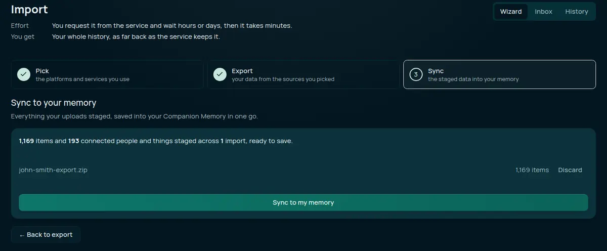 The Sync step of the import wizard. A card reads 1,169 items and 193 connected people and things staged across 1 import, ready to save, and lists the staged file with its item count and a Discard button. A Sync to my memory button sits below it.