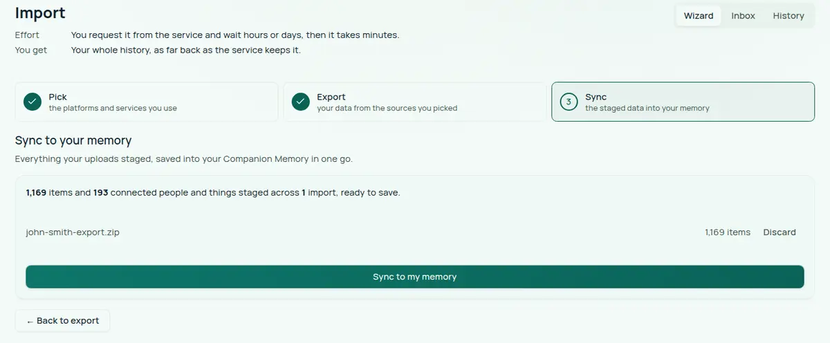 The Sync step of the import wizard. A card reads 1,169 items and 193 connected people and things staged across 1 import, ready to save, and lists the staged file with its item count and a Discard button. A Sync to my memory button sits below it.