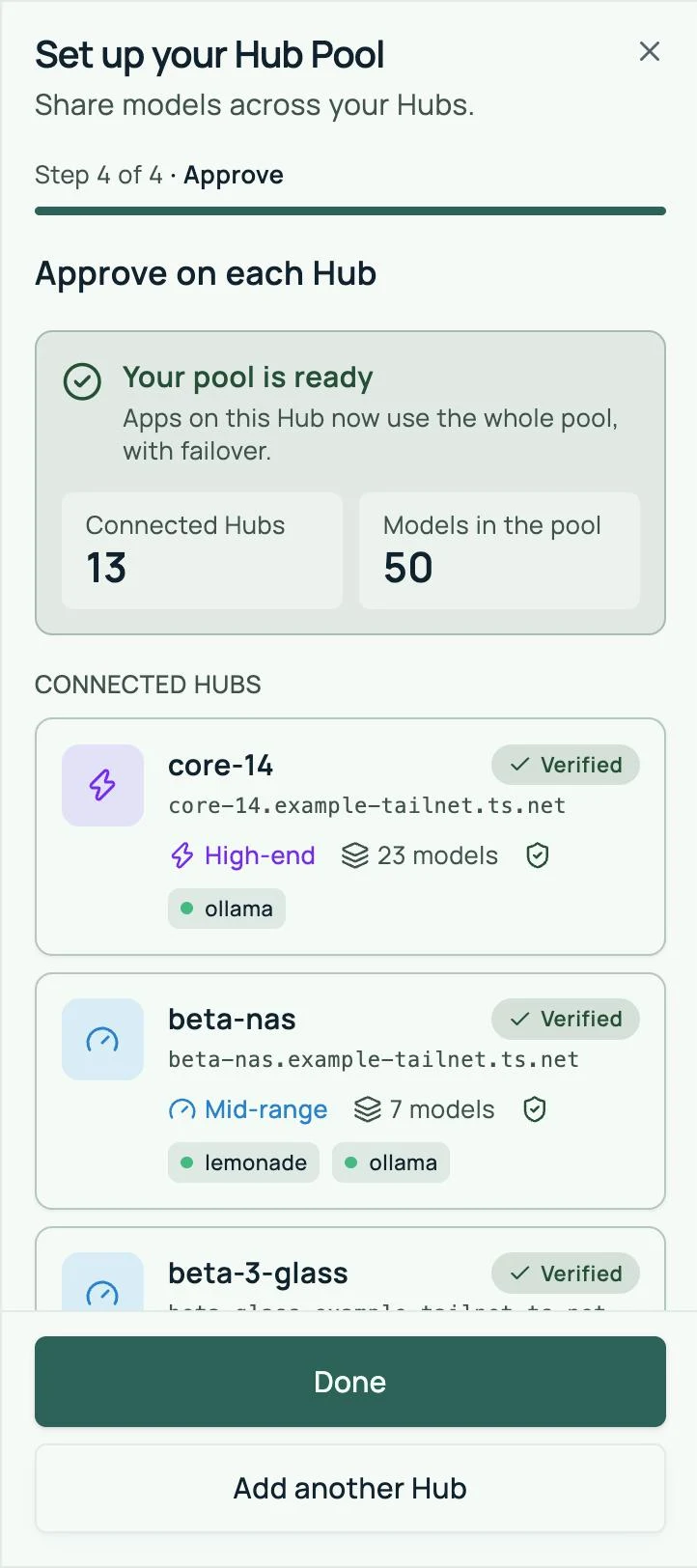 The Approve step on a phone with connected Hubs stacked as cards and the Done button pinned at the bottom