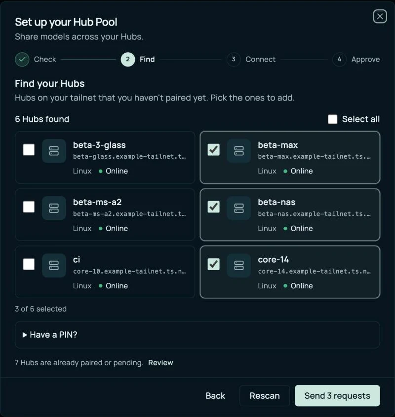 The Find step listing Hubs as cards with their operating system and online state, three of them ticked