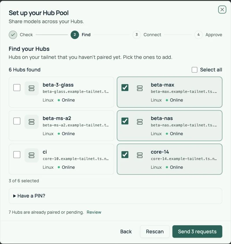 The Find step listing Hubs as cards with their operating system and online state, three of them ticked